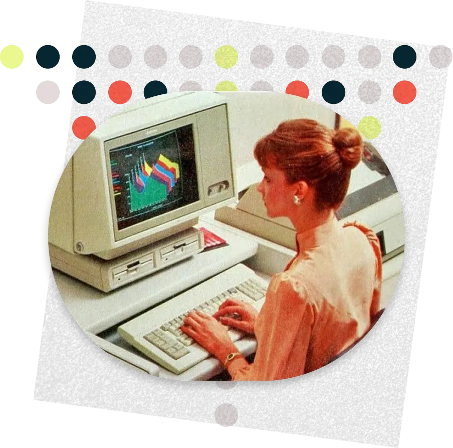 Lady with blondey brown hair viewing charts on a very old computer