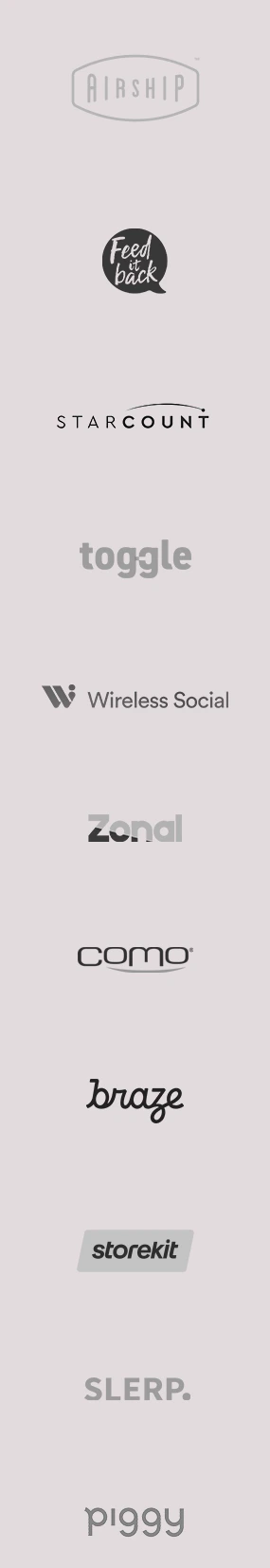 Black and white DataHawk partner logos: Airship, FeedItBack, StarCount, Toggle, Wireless Social & Zonal