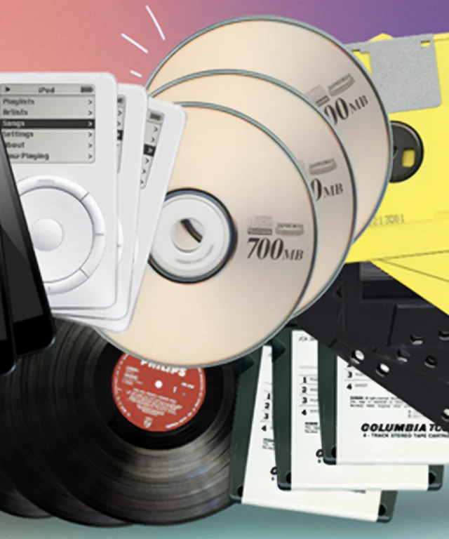 CDs, vinyl records, original iPods, and floppy discs